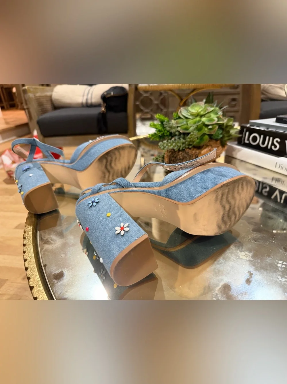 Zara Embellished Blue Denim Slingback platform Sandals size 40 - Picture 6 of 8